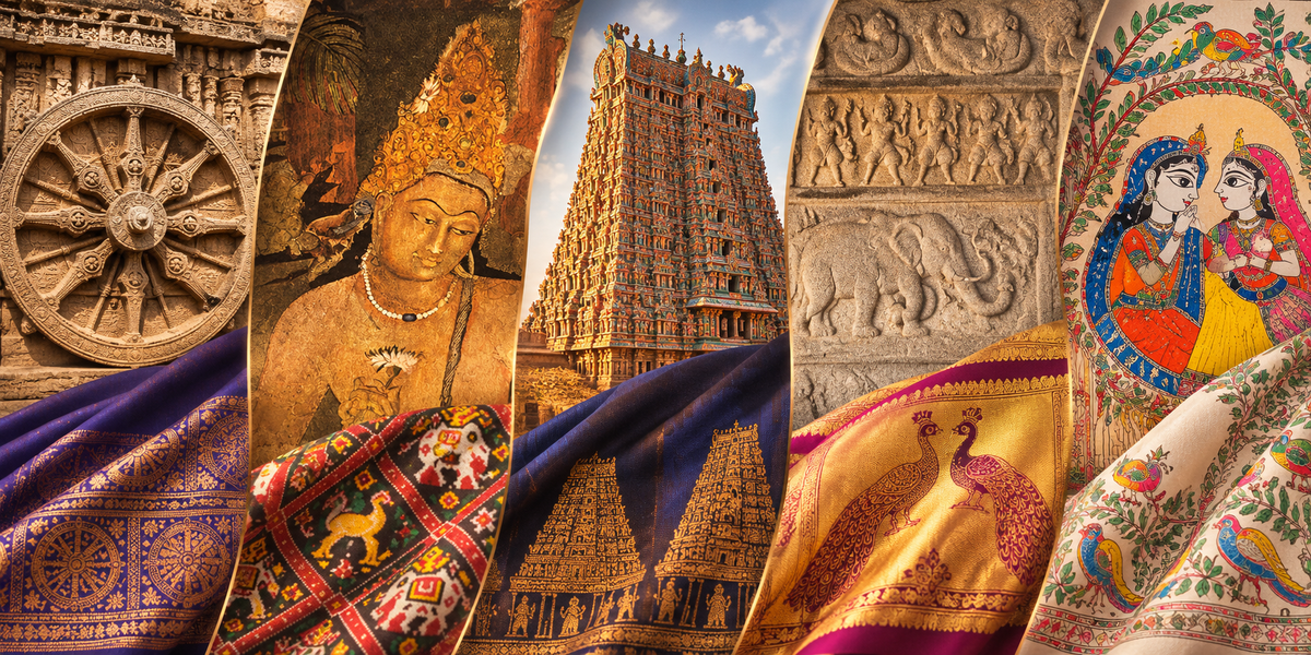 Indian temple architecture and traditional sarees featuring intricate stone carvings, peacock motifs, temple borders, chakra patterns and colourful folk art, celebrating India's rich textile heritage.