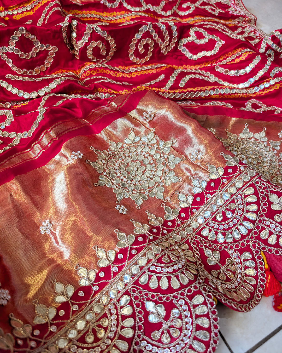 Elegantt Drapes Gaji Silk Bandhani Saree with Gota Patti handwork for wedding guest