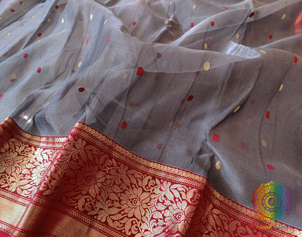 Pure Grey Chanderi Silk Saree with Gold Zari Asharfi Butis
