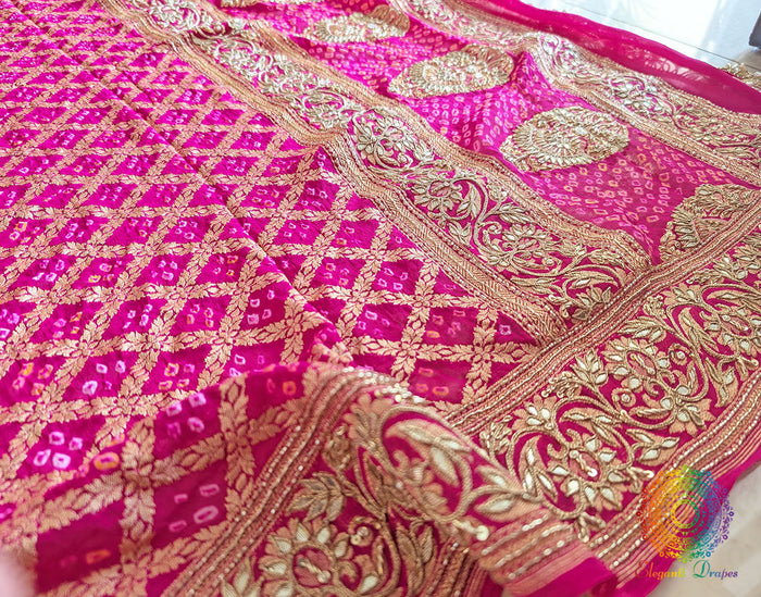 Pink Khaddi Bandhani Dupatta with Handcrafted Gold Gota Patti Borders