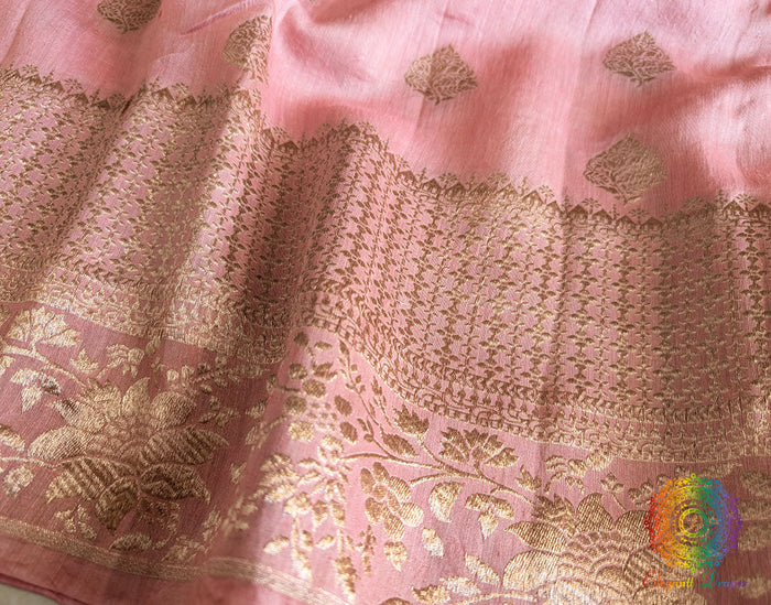 Pastel Pink Banarasi Linen Saree with GoldenZari Floral Motifs