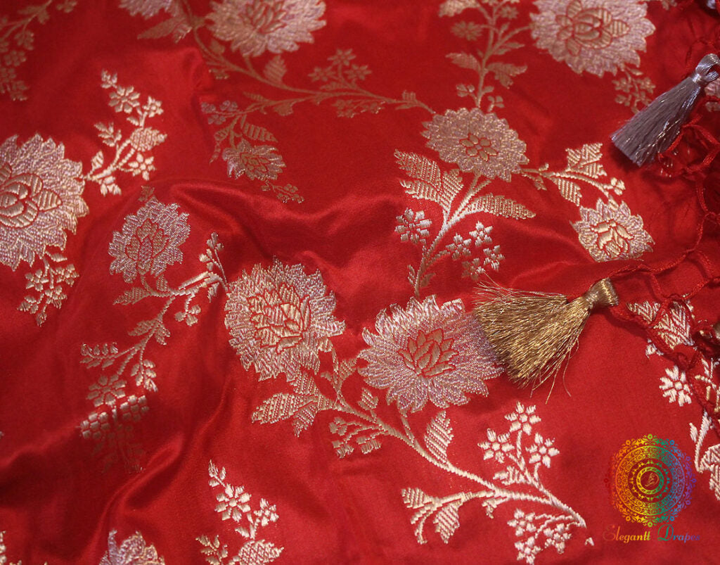 Pure Red Katan Silk Banarasi Dupatta with heavy Gold Zari Border