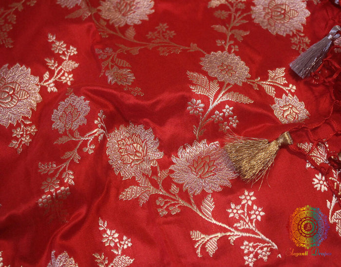 Pure Red Katan Silk Banarasi Dupatta with heavy Gold Zari Border