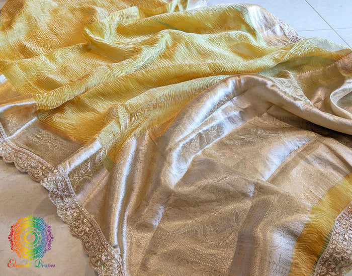 Yellow Pure Tissue Silk Saree with Hand-Woven Meenakari Floral Border