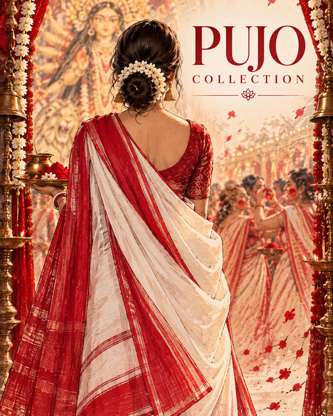 Buy traditional red and white sarees for Durga Puja. 