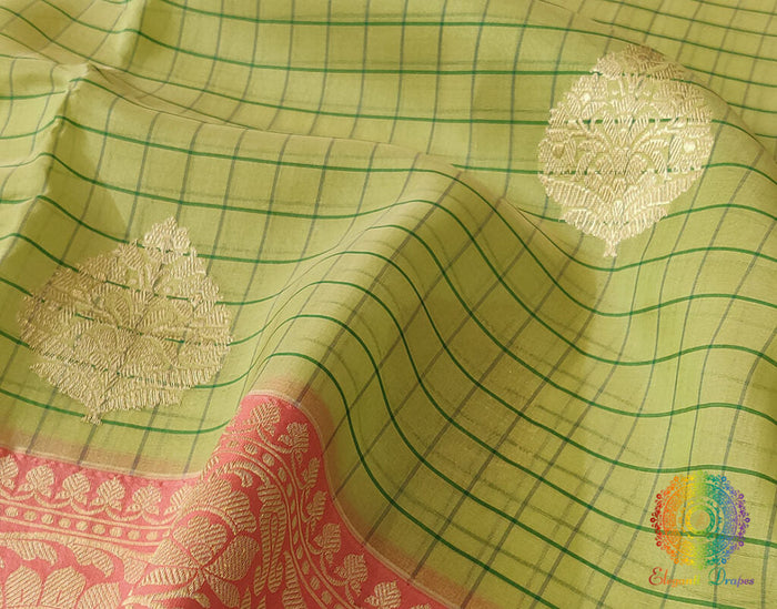 Pure Green Kora Silk Saree with Golden Zari Butis and Sheer Texture