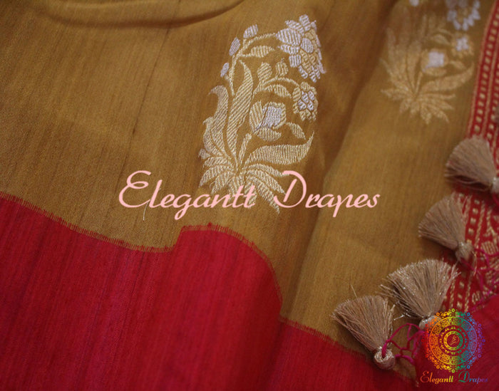 Pure Mustard Banarasi Tussar Silk Saree with Gold Zari Kadwa Motifs