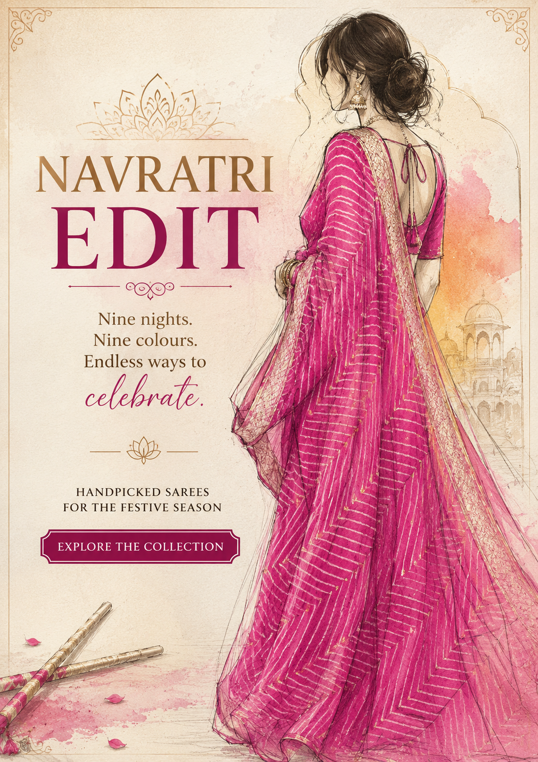 Navratri saree collection with handcrafted festive sarees in vibrant colours, featuring a magenta saree with gold detailing