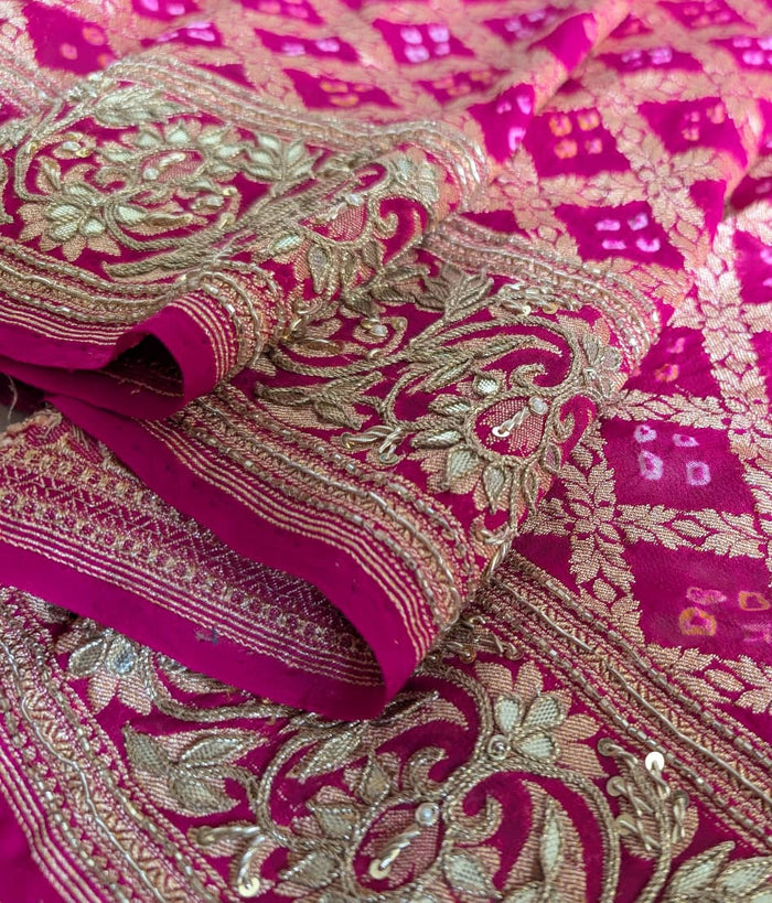 Pure Pink Georgette Bandhani Saree with Handcrafted Gold Gota Patti Border