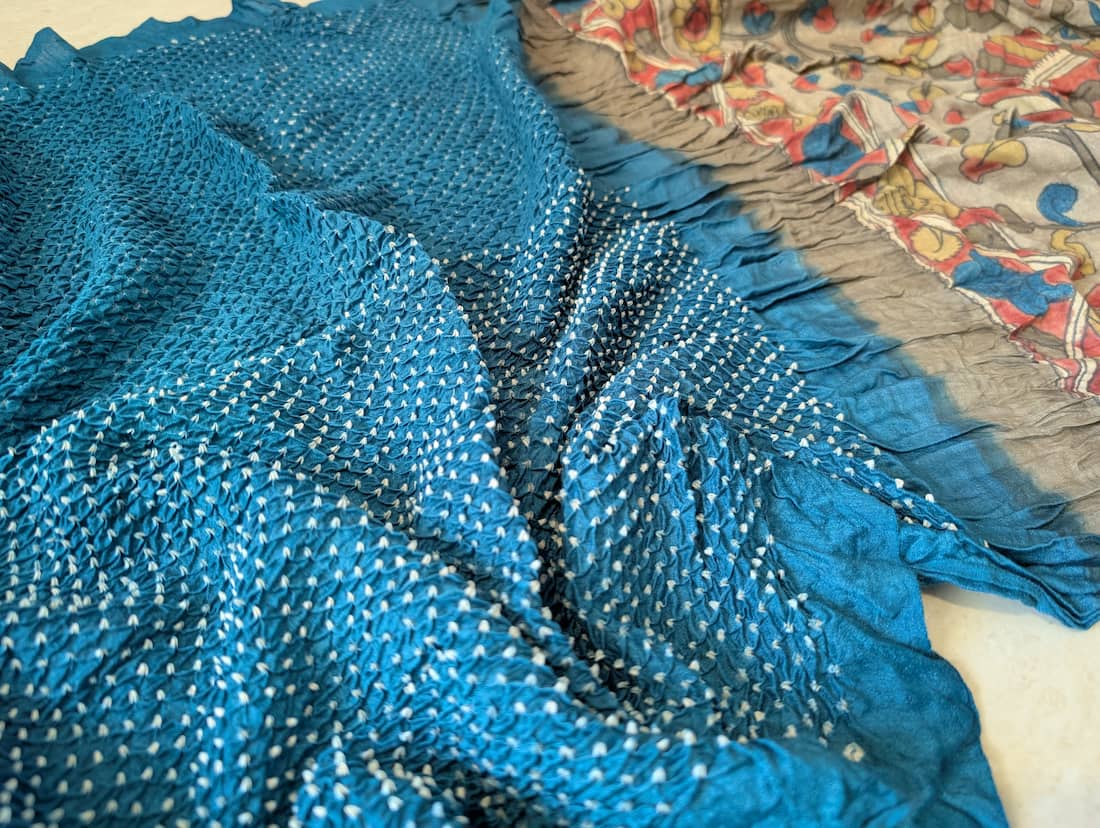 Pure Blue Muga Silk Bandhani Saree with Hand Tied Dots and Zari Border