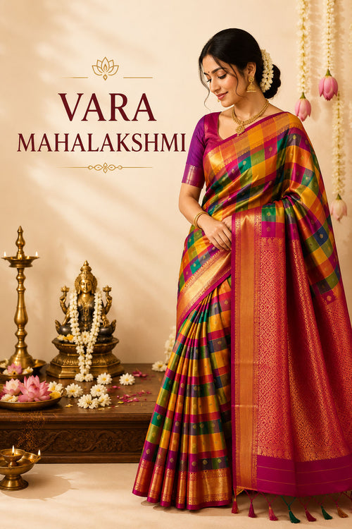 Woman wearing a vibrant Kanjivaram silk saree beside traditional brass lamps for Vara Mahalakshmi.