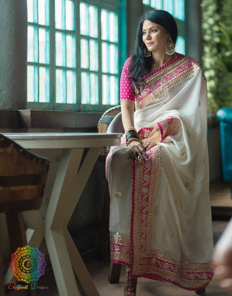 White Gota Patti Handwork Pure Chinon Crepe Saree