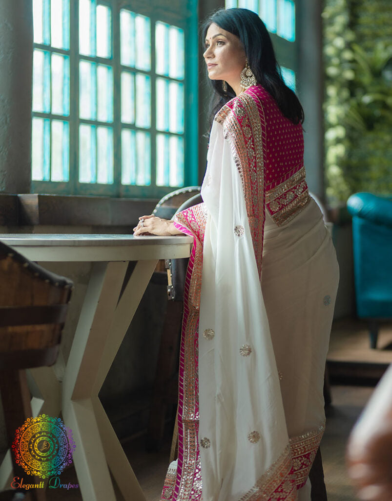 White Gota Patti Handwork Pure Chinon Crepe Saree