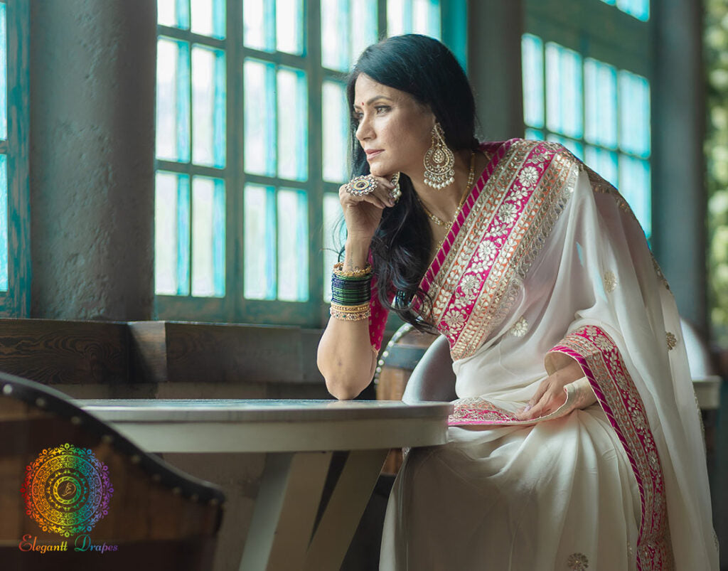 White Gota Patti Handwork Pure Chinon Crepe Saree