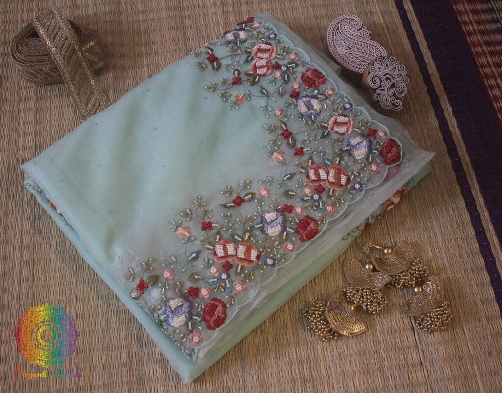 Aqua Pure Organza Silk Hand Embroidered Saree – Handloom Saree Online India | Elegantt Drapes
