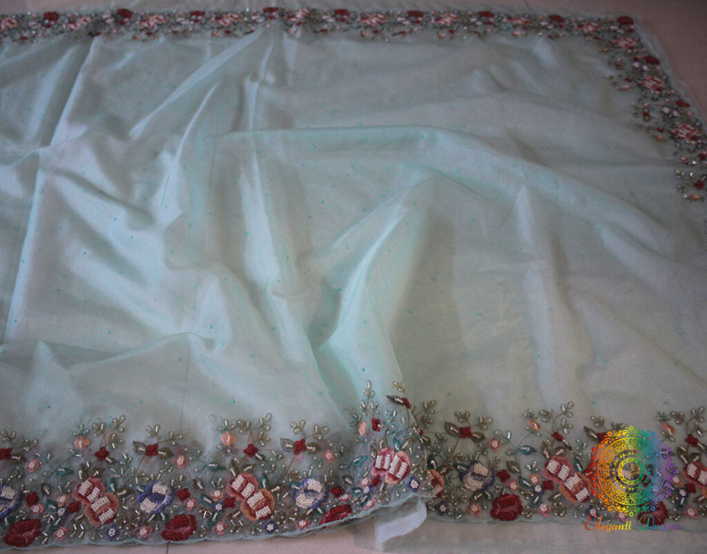 Aqua Pure Organza Silk Hand Embroidered Saree – Handloom Saree Online India | Elegantt Drapes