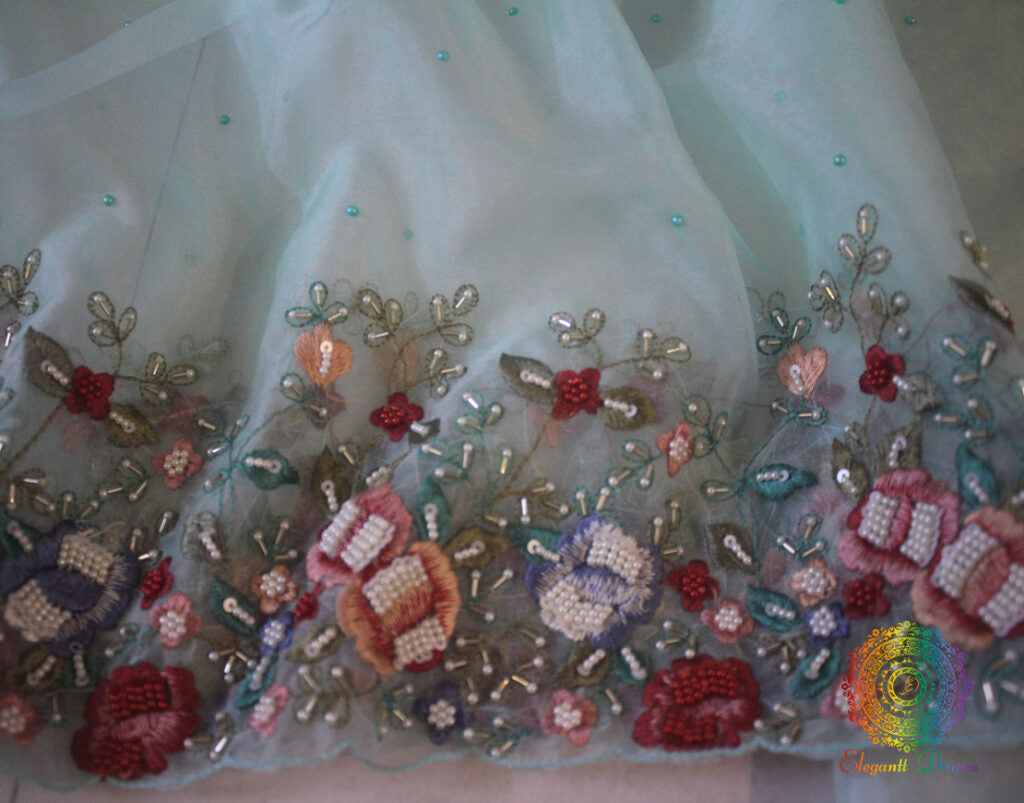 Aqua Pure Organza Silk Hand Embroidered Saree – Handloom Saree Online India | Elegantt Drapes