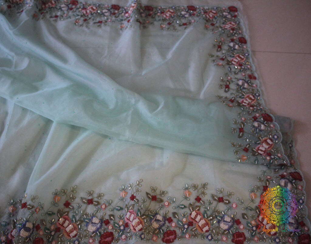 Aqua Pure Organza Silk Hand Embroidered Saree – Handloom Saree Online India | Elegantt Drapes