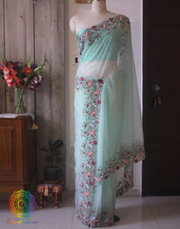 Aqua Pure Organza Silk Hand Embroidered Saree – Handloom Saree Online India | Elegantt Drapes