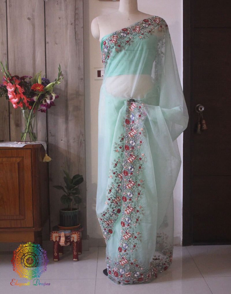 Aqua Pure Organza Silk Hand Embroidered Saree – Handloom Saree Online India | Elegantt Drapes