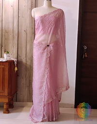 Pink Pure Organza Silk Handwork Saree