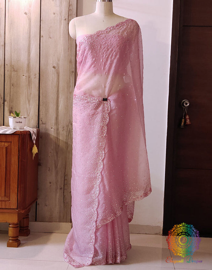 Pink Pure Organza Silk Handwork Saree