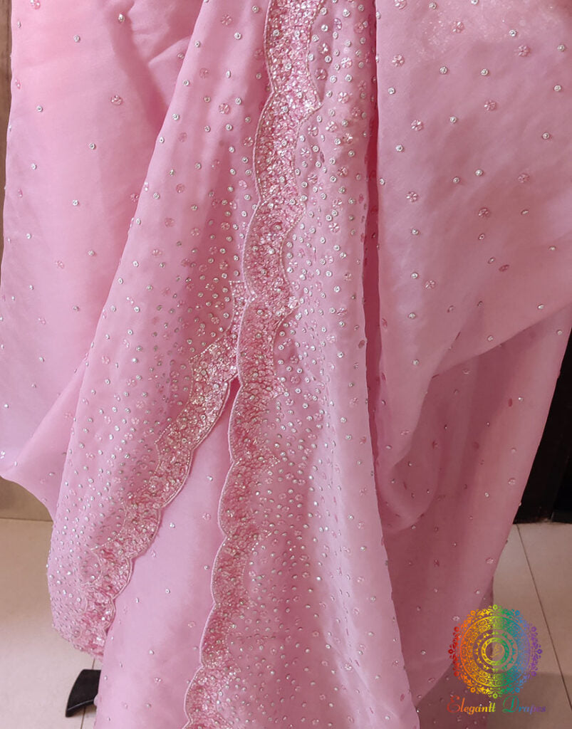 Pink Pure Organza Silk Handwork Saree