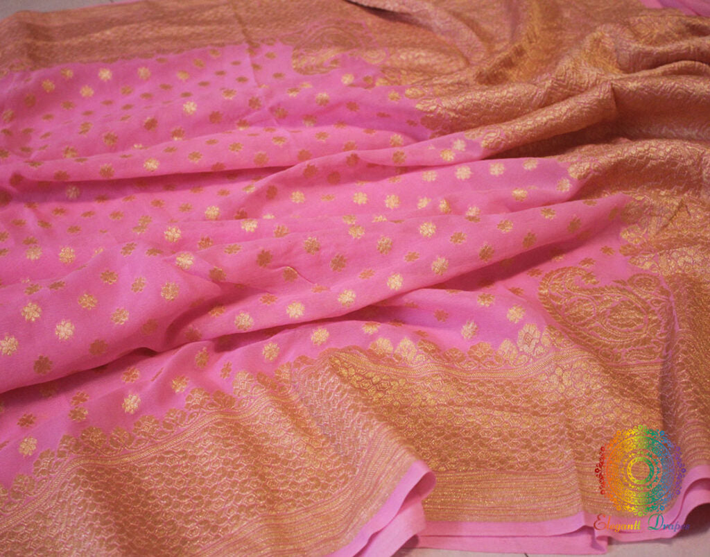 Baby Pink Banarasi Pure Khaddi Georgete Konia Saree | Elegantt Drapes