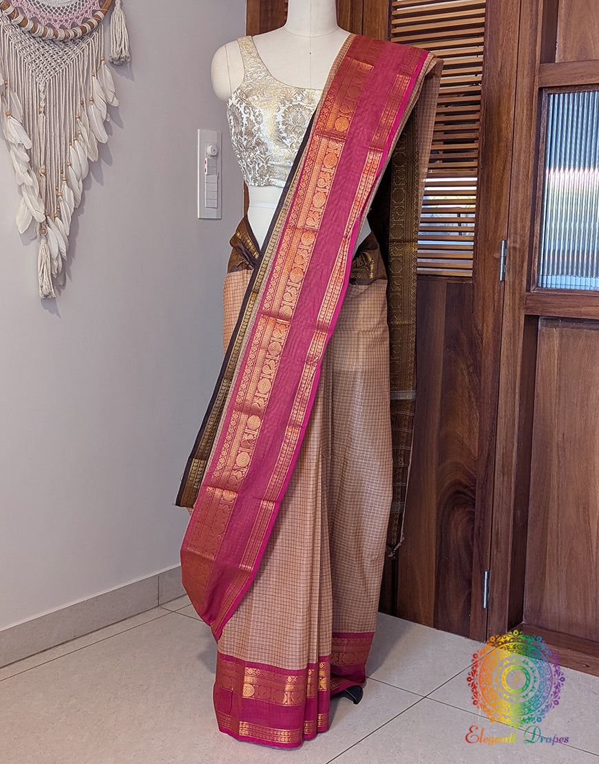 Beige Pure Kanchi Cotton Saree – Handloom Saree Online India | Elegantt Drapes