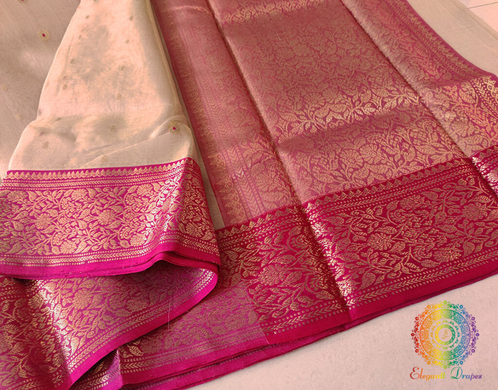 Beige Pure Chanderi Handloom Tissue Silk Saree – Handloom Saree Online India | Elegantt Drapes