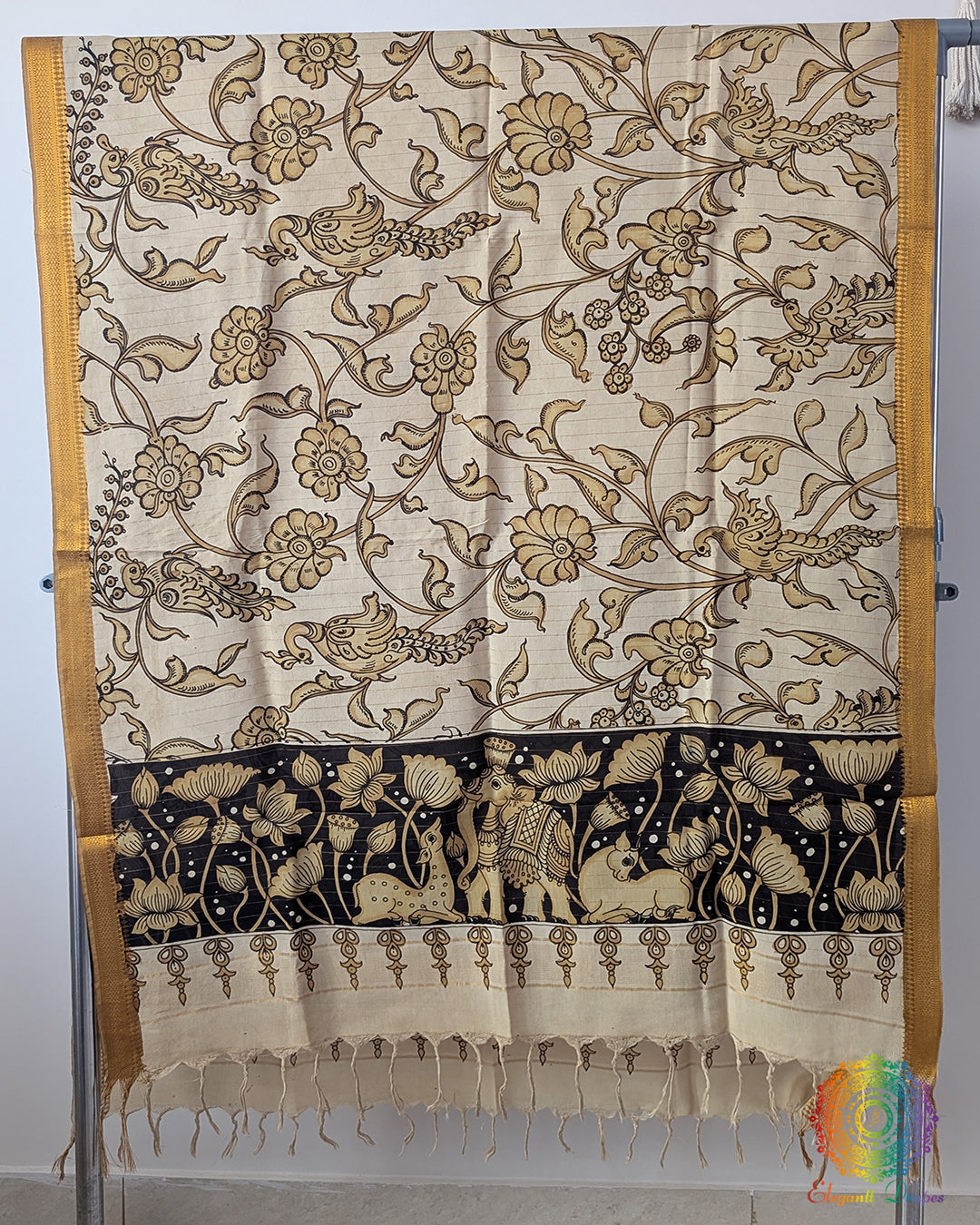 Beige Hand Painted Kalamkari Pure Bangalore Silk Dupatta – Handloom Saree Online India | Elegantt Drapes
