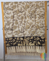 Beige Hand Painted Kalamkari Pure Bangalore Silk Dupatta – Handloom Saree Online India | Elegantt Drapes