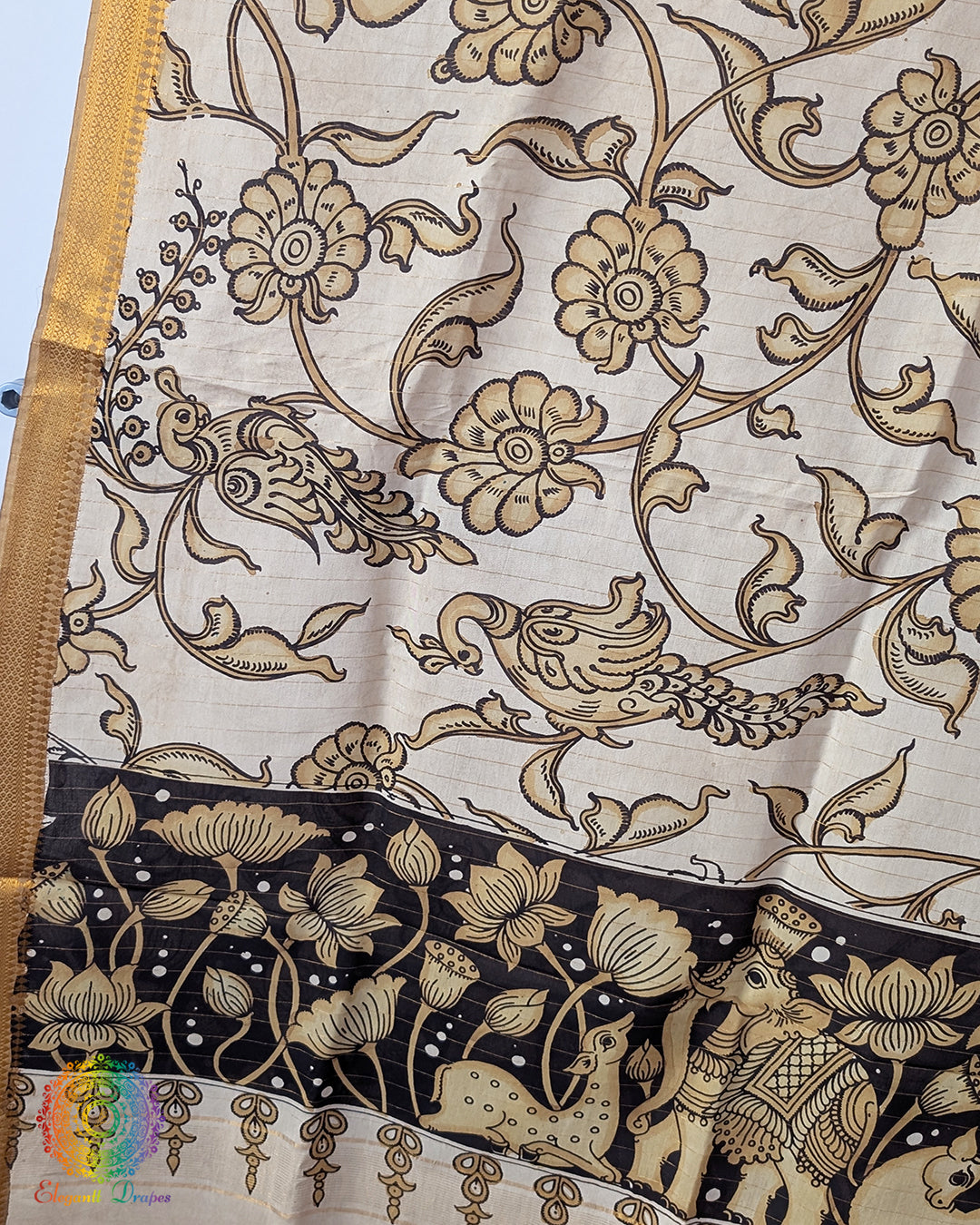 Beige Hand Painted Kalamkari Pure Bangalore Silk Dupatta – Handloom Saree Online India | Elegantt Drapes
