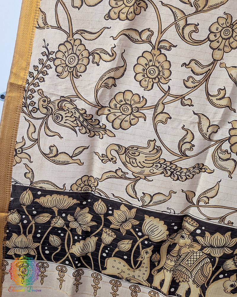 Beige Hand Painted Kalamkari Pure Bangalore Silk Dupatta – Handloom Saree Online India | Elegantt Drapes