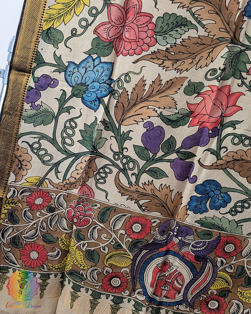 Multi Hand Painted Kalamkari Pure Bangalore Silk Dupatta – Handloom Saree Online India | Elegantt Drapes