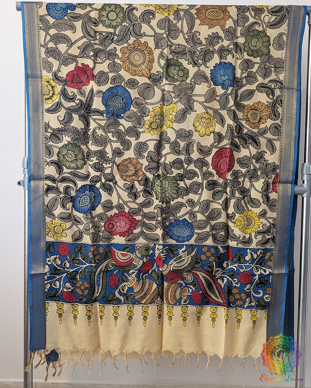Beige Blue Kalamkari Pure Bangalore Silk Dupatta – Handloom Saree Online India | Elegantt Drapes