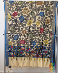 Beige Blue Kalamkari Pure Bangalore Silk Dupatta – Handloom Saree Online India | Elegantt Drapes