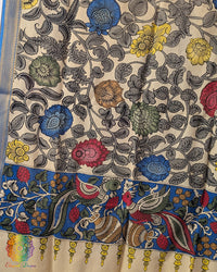 Beige Blue Kalamkari Pure Bangalore Silk Dupatta – Handloom Saree Online India | Elegantt Drapes