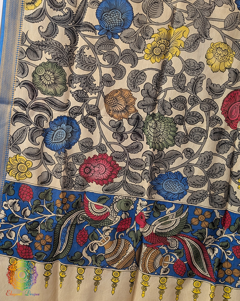 Beige Blue Kalamkari Pure Bangalore Silk Dupatta – Handloom Saree Online India | Elegantt Drapes