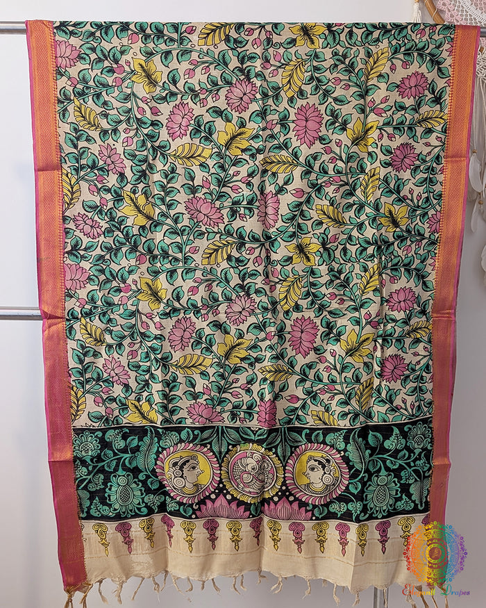 Beige Pink Kalamkari Pure Bangalore Silk Dupatta – Handloom Saree Online India | Elegantt Drapes