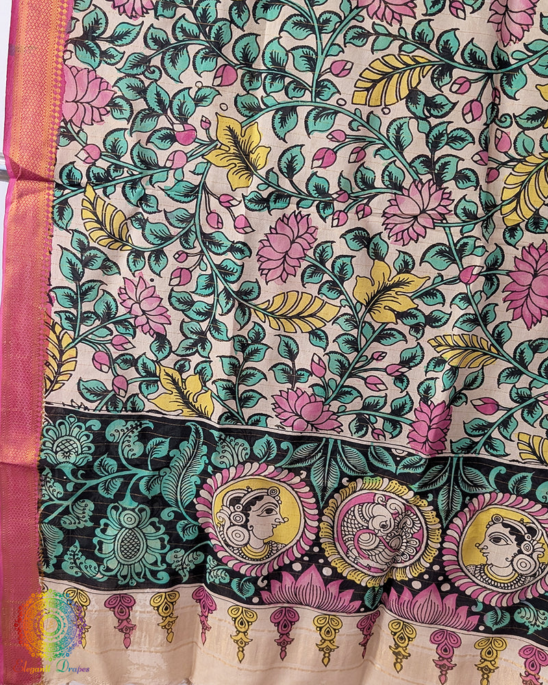 Beige Pink Kalamkari Pure Bangalore Silk Dupatta – Handloom Saree Online India | Elegantt Drapes