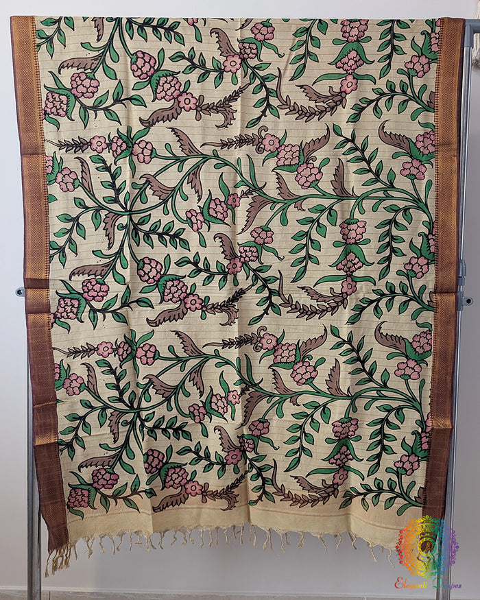 Floral Kalamkari Pure Bangalore Silk Dupatta – Handloom Saree Online India | Elegantt Drapes