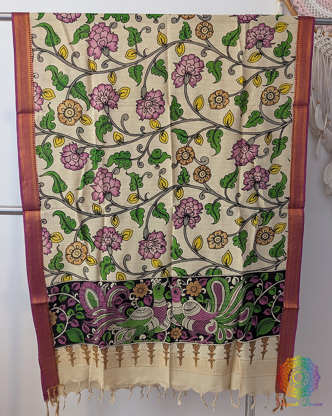 Beige Pink Floral Kalamkari Bangalore Silk Dupatta – Handloom Saree Online India | Elegantt Drapes