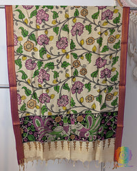 Beige Pink Floral Kalamkari Bangalore Silk Dupatta – Handloom Saree Online India | Elegantt Drapes