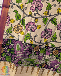 Beige Pink Floral Kalamkari Bangalore Silk Dupatta – Handloom Saree Online India | Elegantt Drapes