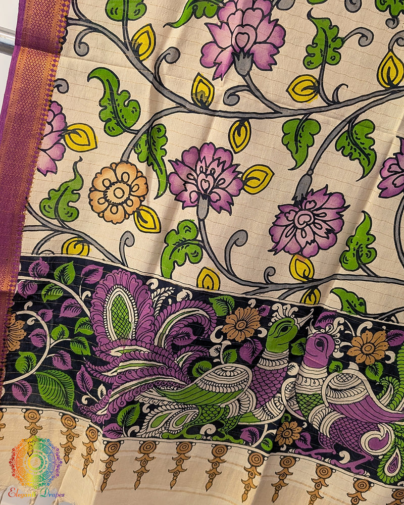 Beige Pink Floral Kalamkari Bangalore Silk Dupatta – Handloom Saree Online India | Elegantt Drapes