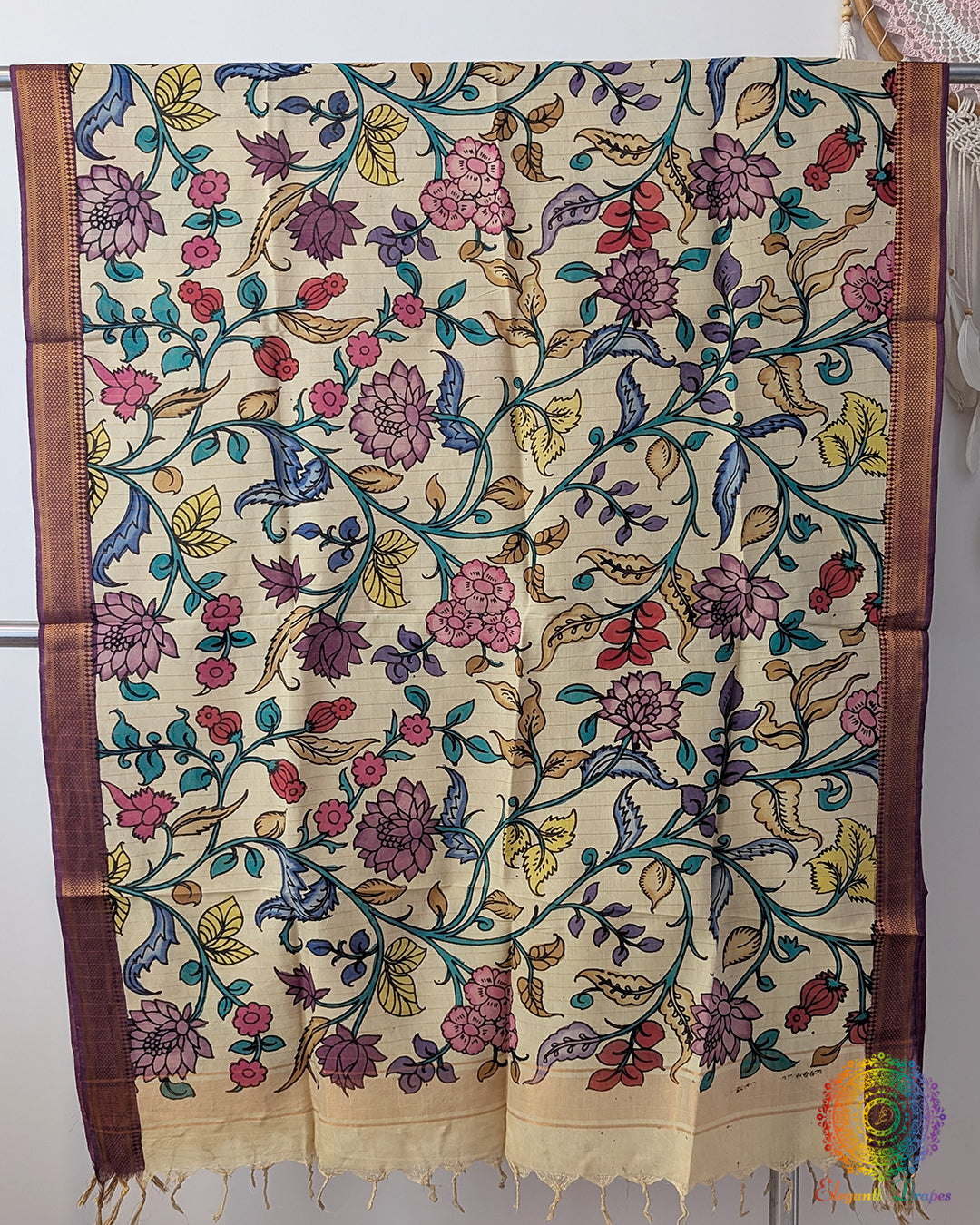Multi Floral Kalamkari Bangalore Silk Dupatta – Handloom Saree Online India | Elegantt Drapes