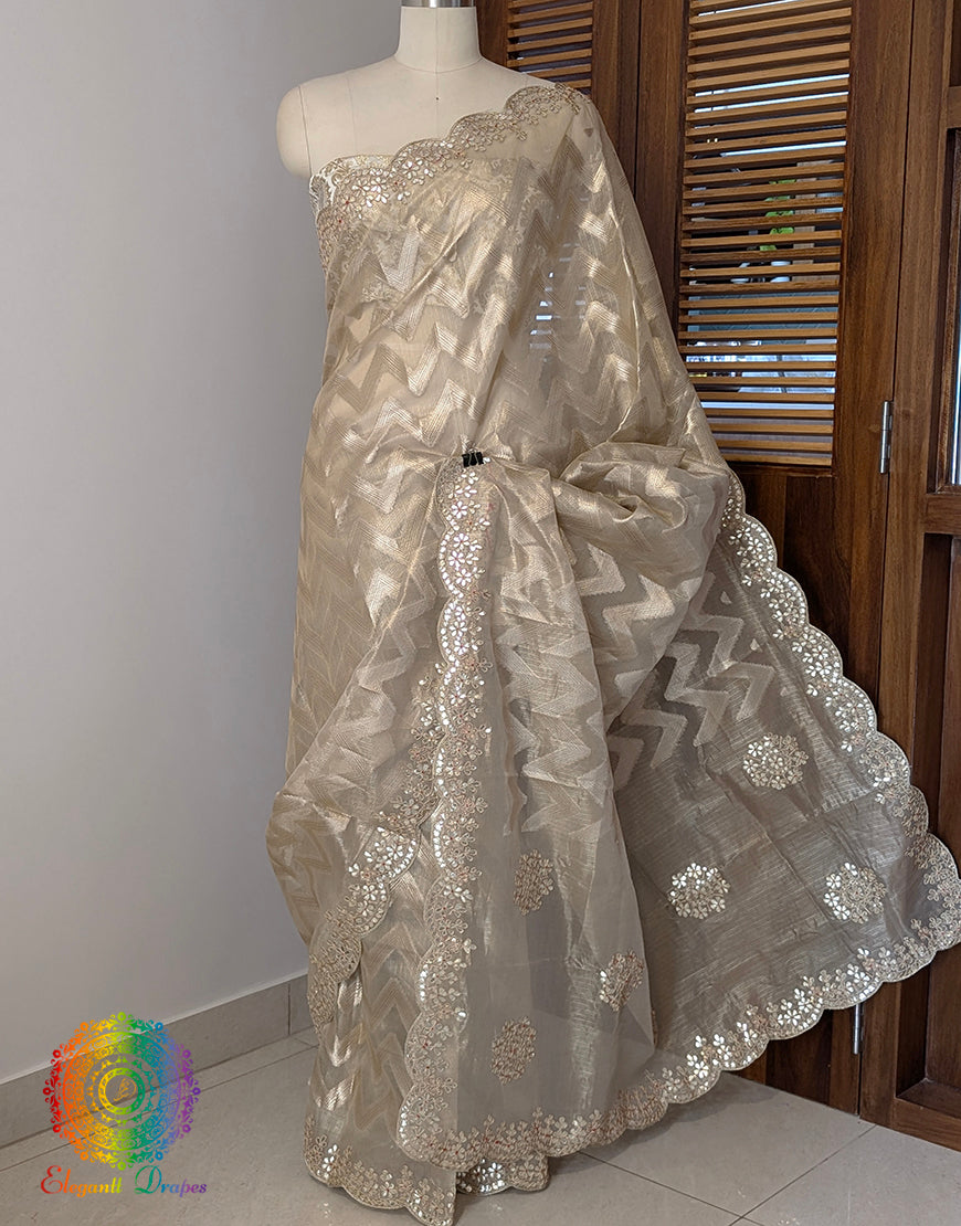 Beige Tissue Silk Gota Patti Handwork Saree – Handloom Saree Online India | Elegantt Drapes