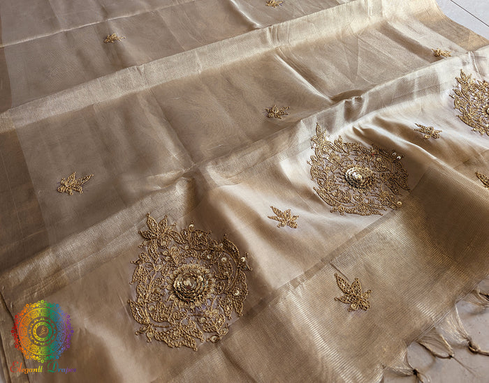 Beige Tissue Silk Handwork Saree – Handloom Saree Online India | Elegantt Drapes