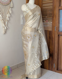 Beige Tissue Silk Handwork Saree – Handloom Saree Online India | Elegantt Drapes